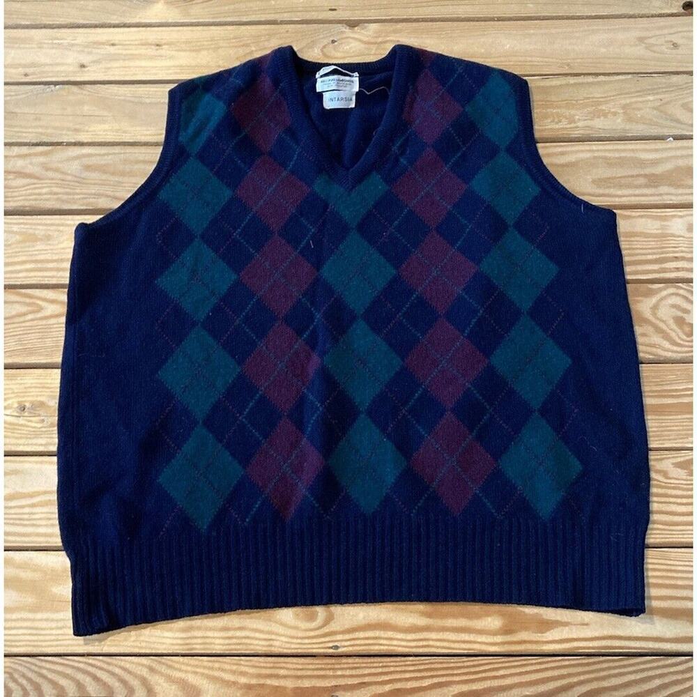 Paul Stuart Argyle Scotland Lambs Wool V Neck Intarsia Vest Sweater XL Mens Navy